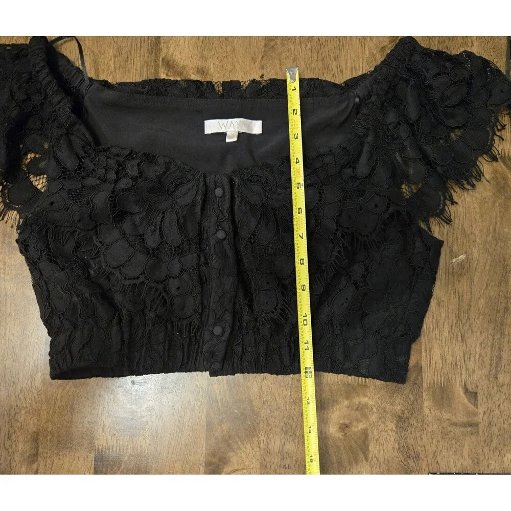 Wayf Black Lace Corset Crop Top M Button Up Eyelash Fringe Whimsigoth Fairy Dark